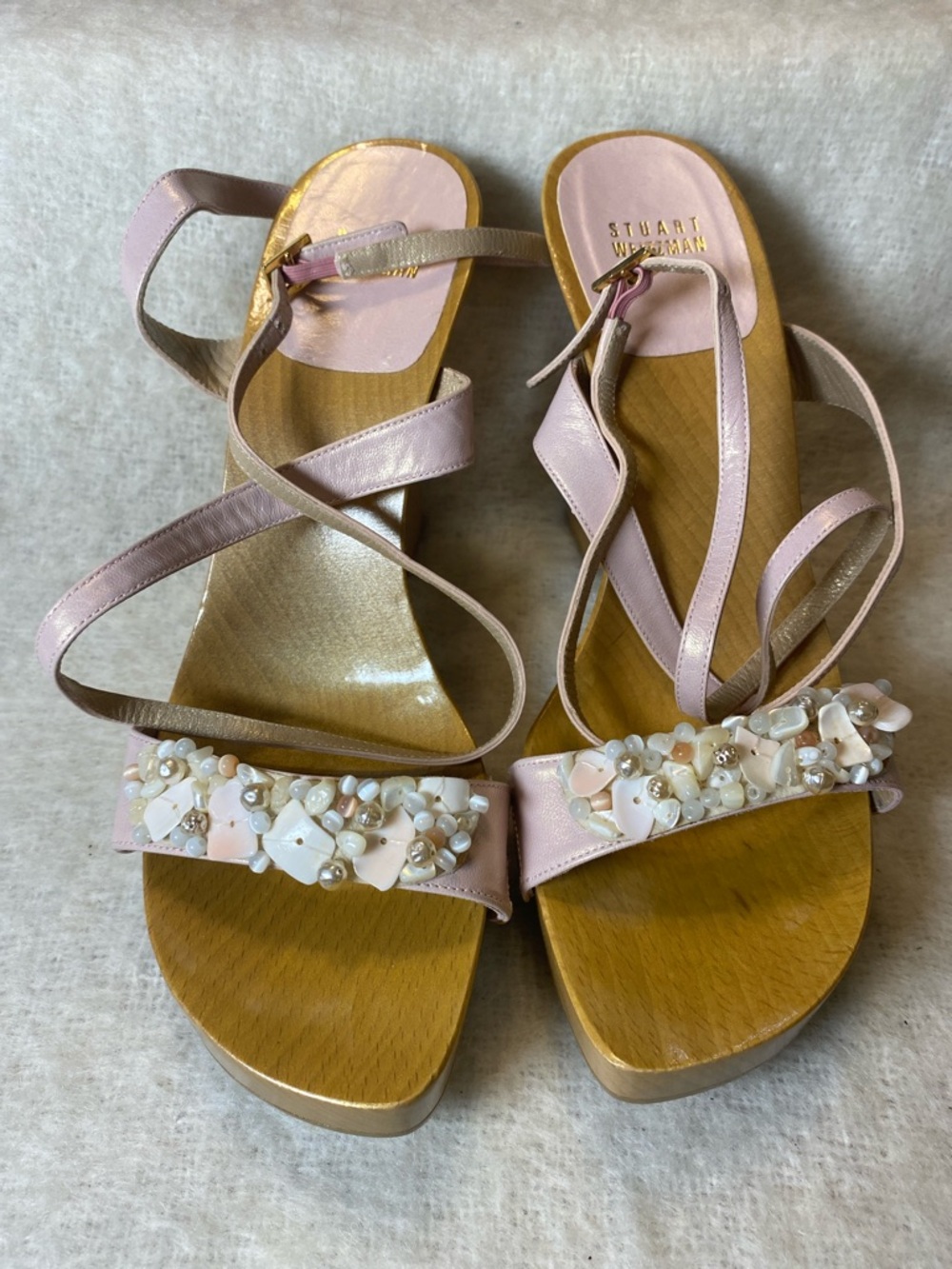 Stuart Weitzman Blush Pink Embellished Leather Platform Sandals